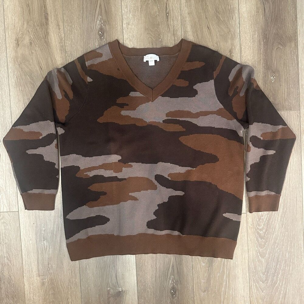 Womens Large Brown Taupe Camo V-Neck Sweater Intarsia Knit Pullover Long Sleeve‎